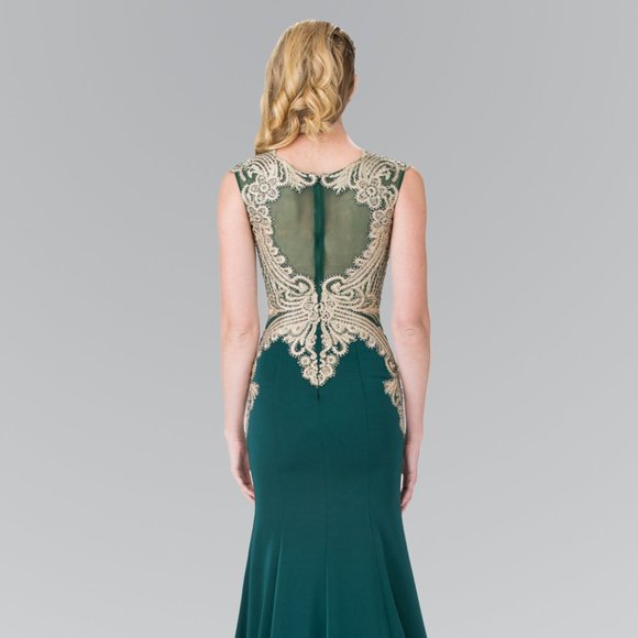 NEW LONG TRUMPET SLEEVELESS DRESS WITH BOAT NECKLINE & SHEER ZIPPER BACK GL1461 - Picture 1 of 11